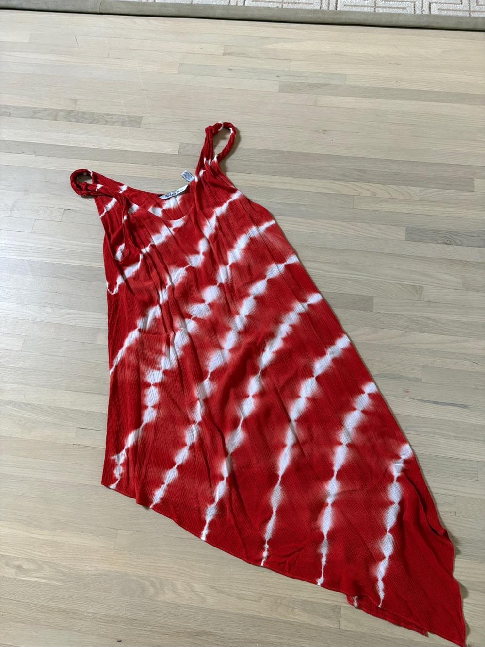 Michael Stars Red and White Asymmetrical Tie-Dye Slip Dress